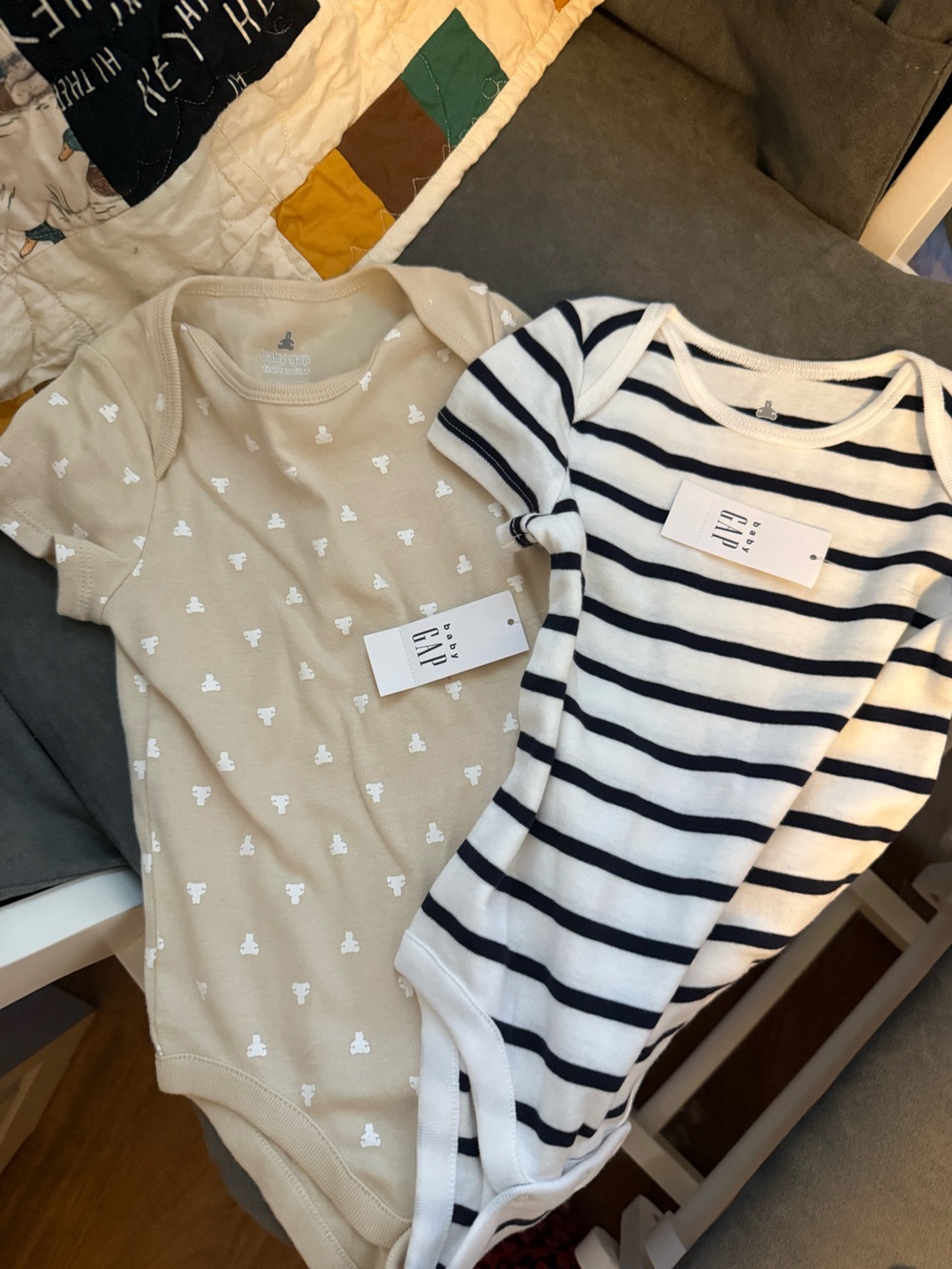 GAP Kids Beige Bear Print Top & White Navy-Striped Long Sleeve Tee (2-Pack)